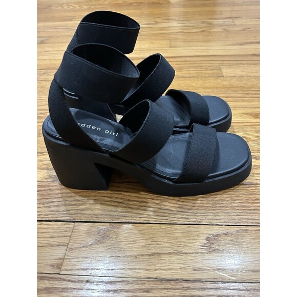 Madden Girl Londen Platform Sandals Sz 9M Block Heel Black Elastic Ankle Strap - Picture 3 of 6